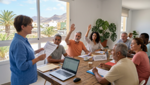 Fotografía realista de una reunión de una comunidad de propietarios en Canarias, con vecinos levantando la mano para votar un acuerdo según la LPH.