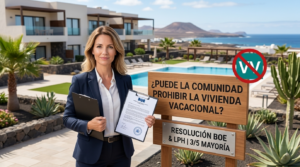 Administradora de fincas con documento del BOE sobre regulación de vivienda vacacional en Fuerteventura