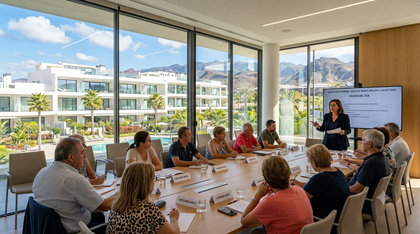 Reunión de la junta de propietarios debatiendo los puntos del orden del día en un complejo residencial de Canarias.